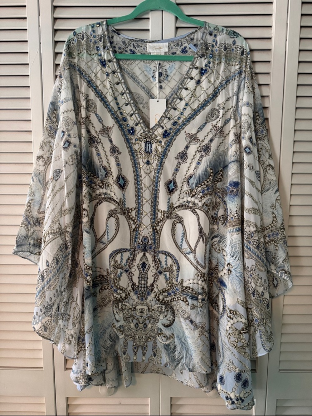 Camilla Embellished Flared Raglan Sleeve Kaftan in Blue & Cream